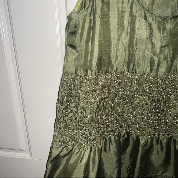 IPSA Anthropologie 100% Silk Olive Green Satin Beaded Peplum Blouse Size Medium - Picture 3 of 9